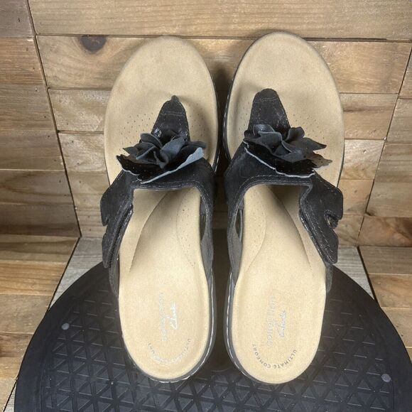 Clarks Women's Size 8 Laurieann Gema Black Leather Open Toe Floral Sandals - Picture 5 of 10